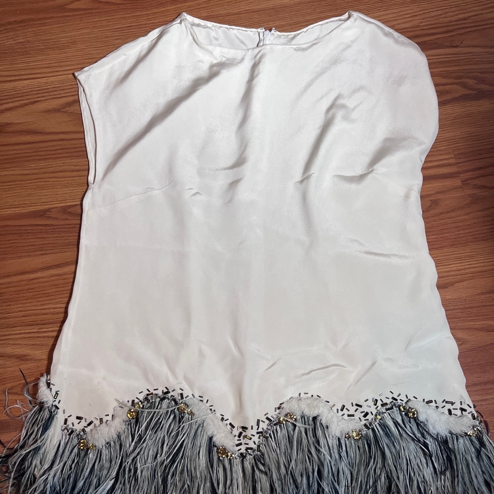 Lela Rose 100% Silk Top With Genuine Ostrich Feather & Sequins Hem Detail Sz 10